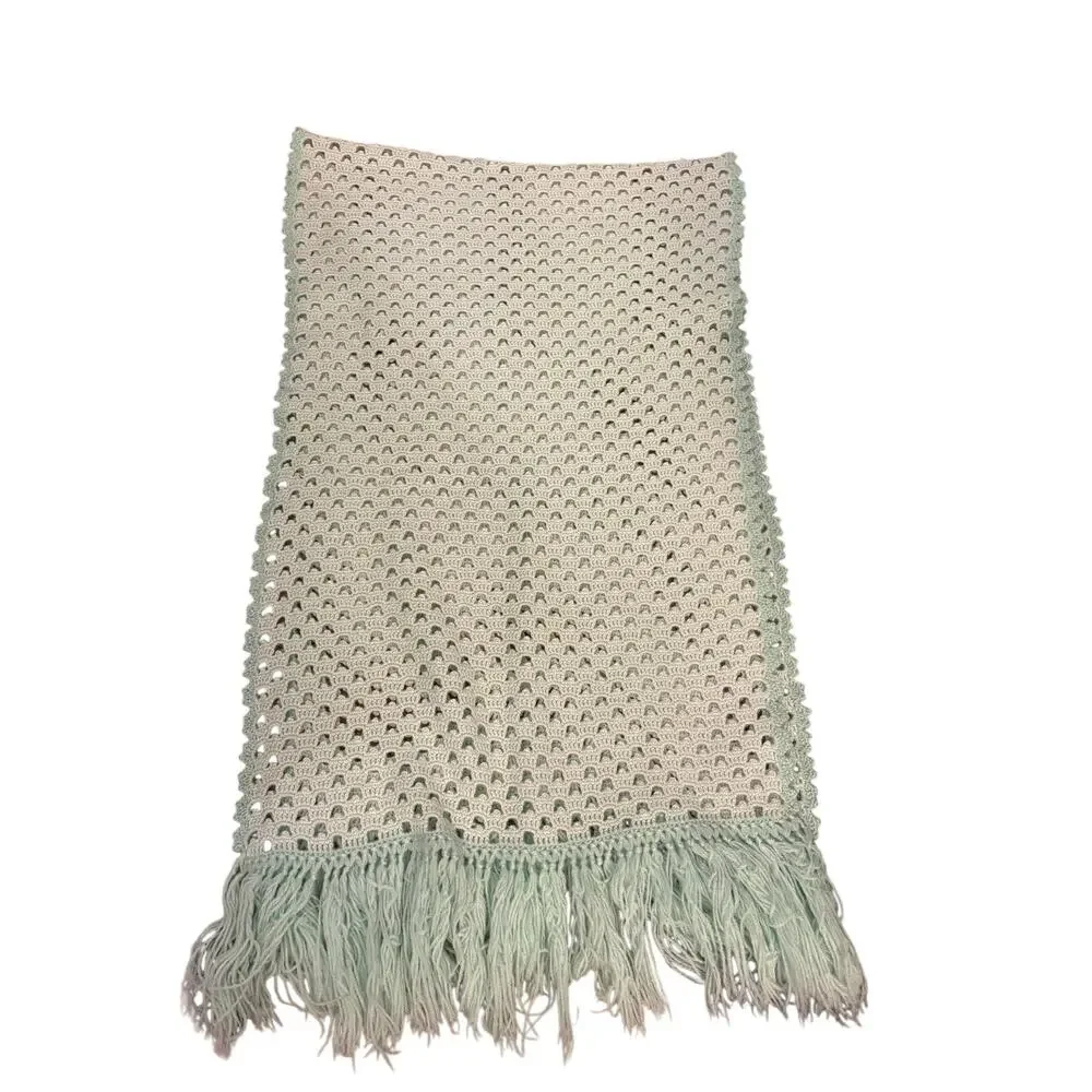 Handmade Knit Throw Shawl Lt Blue With Fringe Trim Rectangle 54” Long Textured